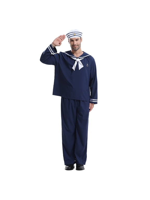 Men's Sailor Costume Set Navy Blue Outfit with Hat for Halloween Cosplay Party Dark Blue XL Gifts for Father
