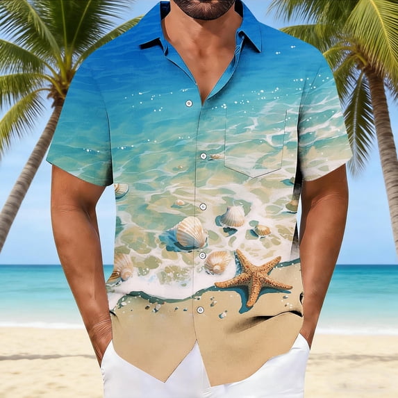Ceisia Men's Shallow Beach Starfish Shell Print Short Sleeve Button Down Hawaiian Shirt With Chest Pocket Blue XXXL Gifts