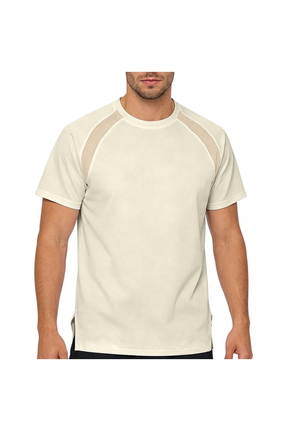 Men's Short Sleeve Basketball Training T-Shirt Colorblock Athletic Jersey with Crew Neck Quick Dry Sports Tee for Running Gym Gifts for Father Beige S