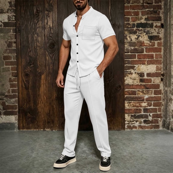 Ceisia Men's Short Sleeve Button Down Shirt and Pants Set Waffle Knit Casual Two Piece Outfit White S Gifts for Father