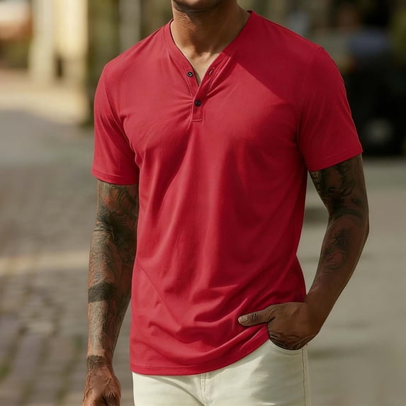 Ceisia Men's Short Sleeve Henley Shirt Solid Color V-Neck Button Placket Breathable Quick Dry Casual Tee Red Gifts for Father L