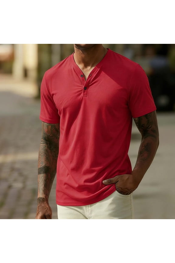 Men's Short Sleeve Henley Shirt Solid Color V-Neck Button Placket Breathable Quick Dry Casual Tee Red Gifts for Father S