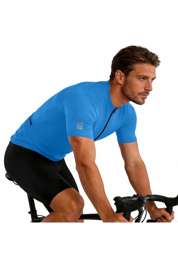 Men's Short Sleeve Performance Cycling Jersey Solid Color Stand Collar with Zipper Stretch Breathable Outdoor Sports Top Gifts for Father Blue M