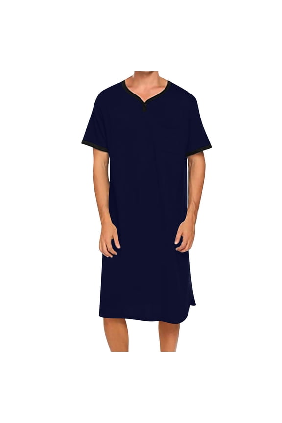 Men's Short Sleeve Sleep Robe Solid Color Soft Breathable V-Neck Loose Fit Long Length Lounge Wear Navy Gifts for Father 1X