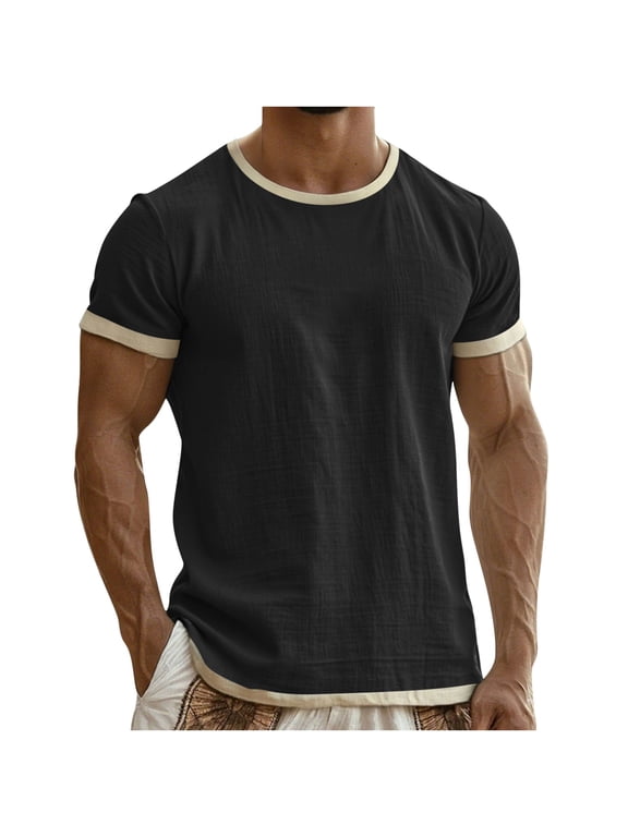 Men's Short Sleeve T-Shirt Solid Color Cotton Linen Blend Breathable Soft Casual Round Neck with Button Summer Top Black Gifts for Father 1X