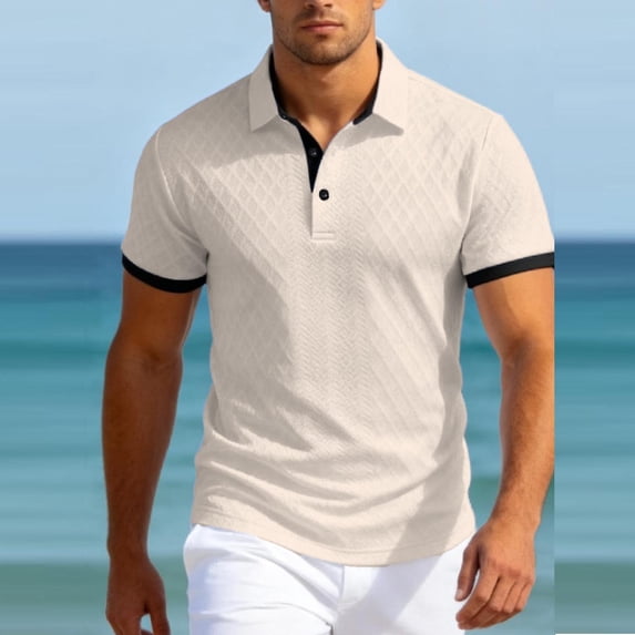 Ceisia Men's Short Sleeve Turndown Collar Polo Shirt with Solid Color Blocking Jacquard Texture Button Placket Stretchy Casual Top Khaki Gifts for Father M