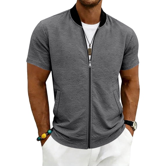 Ceisia Men's Short Sleeve Zip Up Jacket Elastic Waist Stand Collar Pockets Casual Daily Wear Outerwear Dark Gray S Gifts for Father