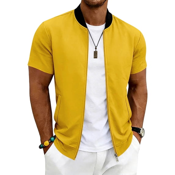 Ceisia Men's Short Sleeve Zip Up Jacket Elastic Waist Stand Collar Pockets Casual Daily Wear Outerwear Yellow L Gifts for Father
