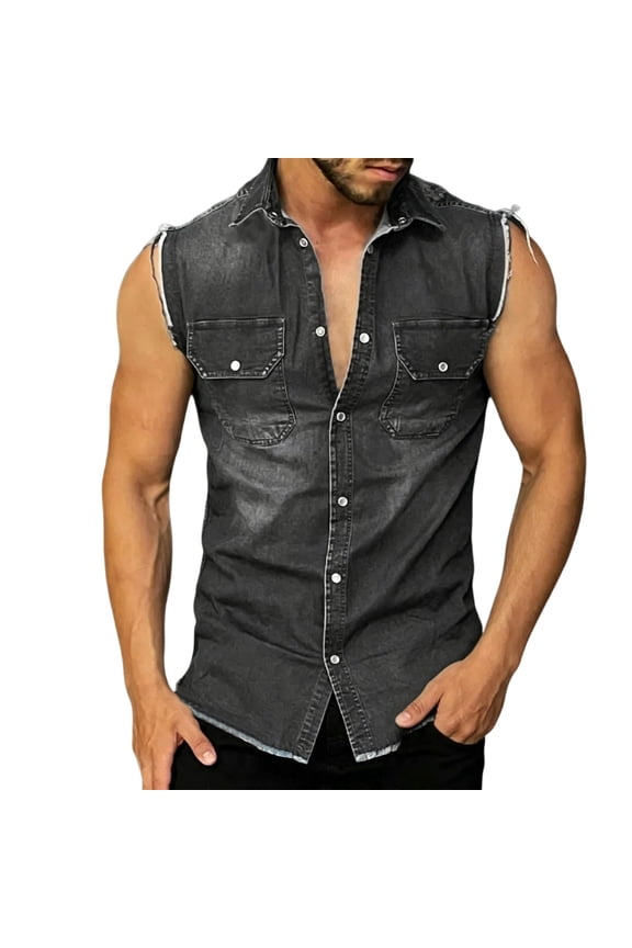 Men's Sleeveless Denim Shirt Button Down Casual Distressed Western Style Sleeveless Jean Vest Top Black L Gift