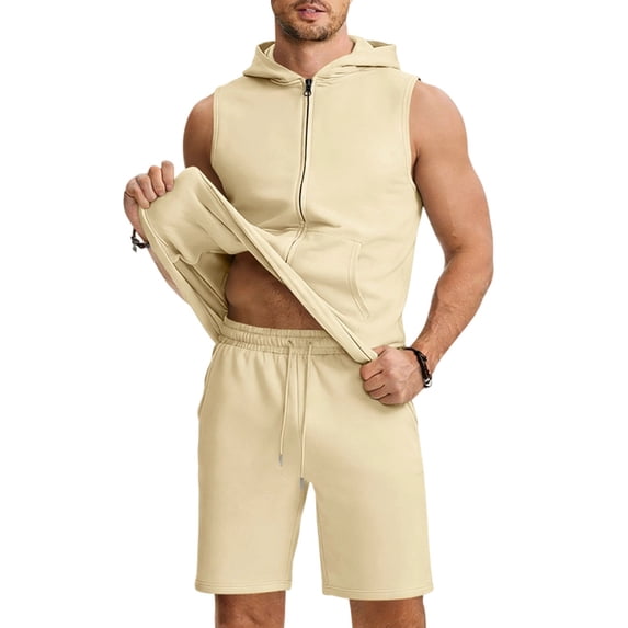 Ceisia Men's Sleeveless Hoodie and Shorts Set Full Zip Hooded Tank with Drawstring Shorts Beige XXXL Big & Tall Gifts for Father