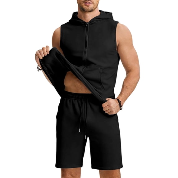 Ceisia Men's Sleeveless Hoodie and Shorts Set Full Zip Hooded Tank with Drawstring Shorts Black M Gifts for Father
