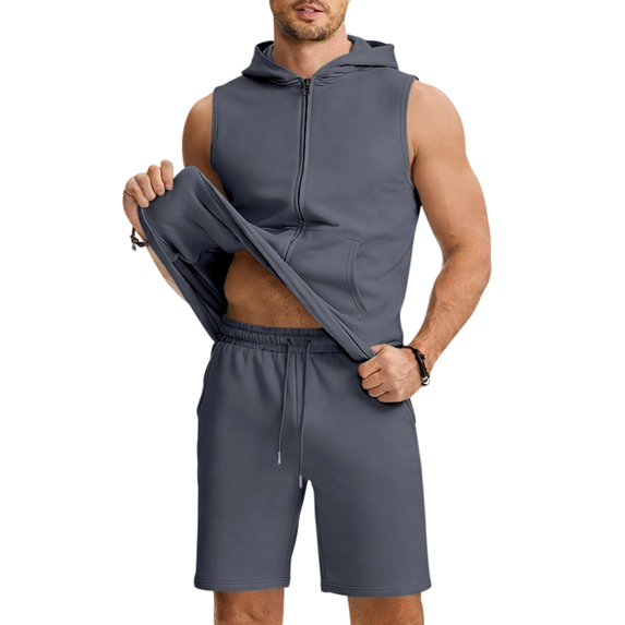 Ceisia Men's Sleeveless Hoodie and Shorts Set Full Zip Hooded Tank with Drawstring Shorts Dark Gray XXL Gifts for Father