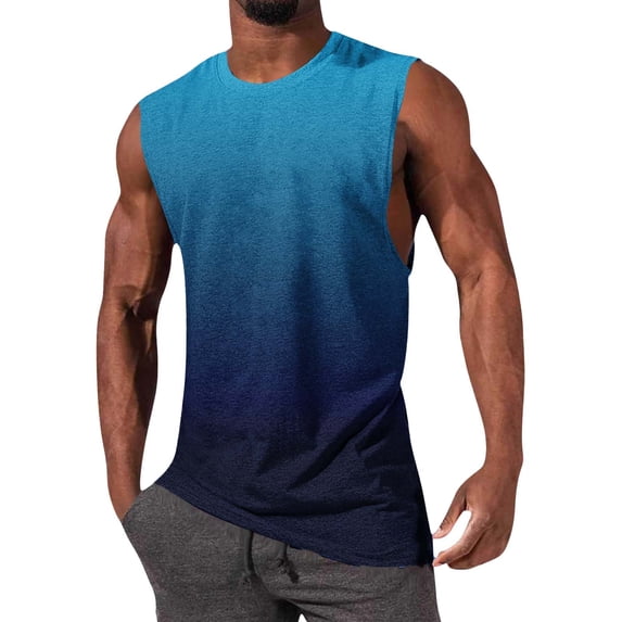 Ceisia Men's Sleeveless Tank Top Gradient Print Round Neck Breathable Quick Dry Casual Muscle Beach Gym Vest Blue Gifts for Father M