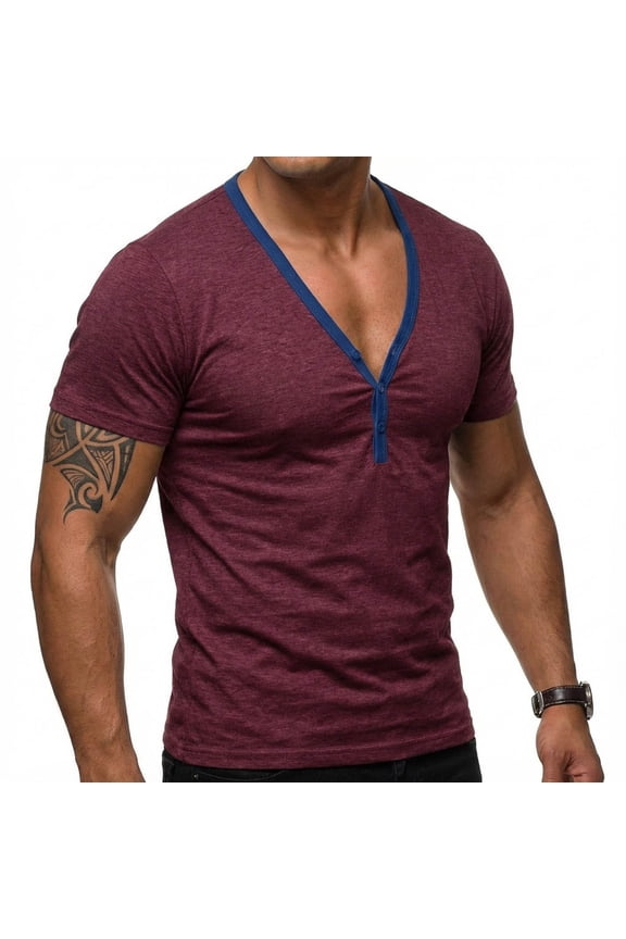 Men's Slim Fit Deep V Neck Henley Shirts, Stretchy Breathable Short Sleeve Contrast Binding T-Shirts for Casual & Fitness Gifts