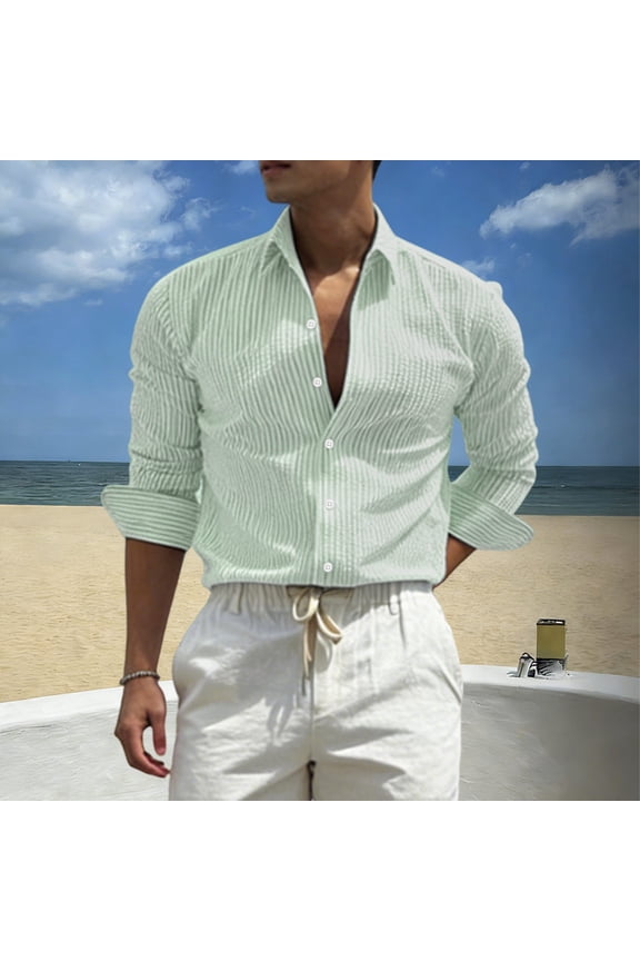 Men's Slim Fit Long Sleeve Striped Button-Down Shirt Casual Summer Beach Top Green M Gifts