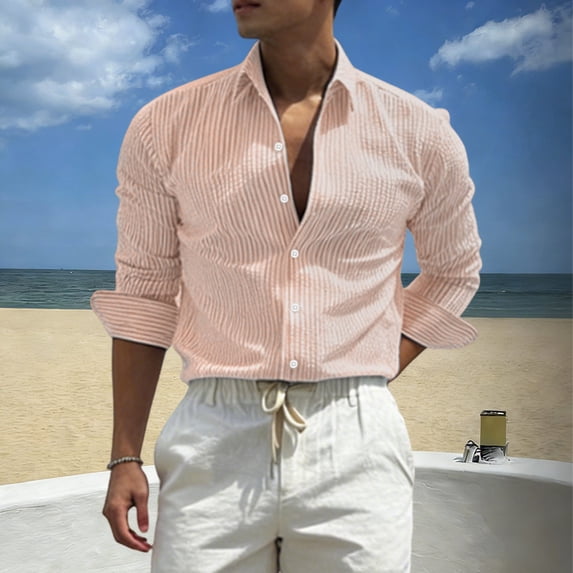 Ceisia Men's Slim Fit Long Sleeve Striped Button-Down Shirt Casual Summer Beach Top Khaki XXL Gifts