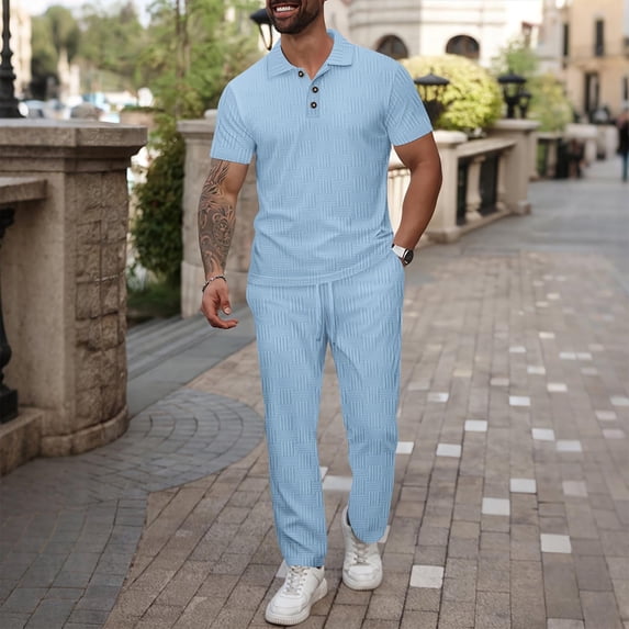 Ceisia Men's Slim Fit Ribbed Texture Polo Shirt & Pants Set | Summer Casual Two-Piece Outfit Gifts