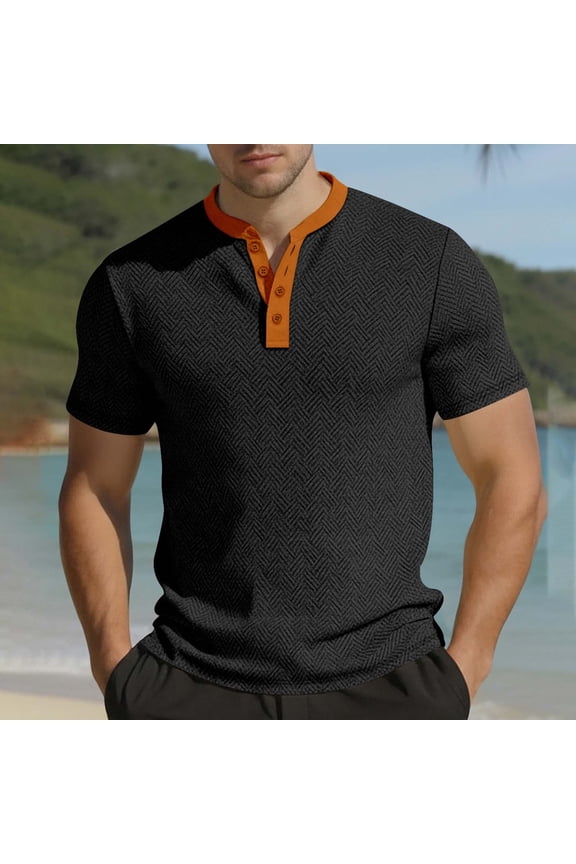Men's Slim Fit Short Sleeve Polo Shirt Herringbone Texture Color-Blocked Henley Collar Spring Summer Shirt Gift