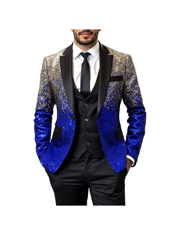 Men's Slim Sequin-Gradient Notched-Lapel Single-Breasted Performance Polyester Blazer Gift