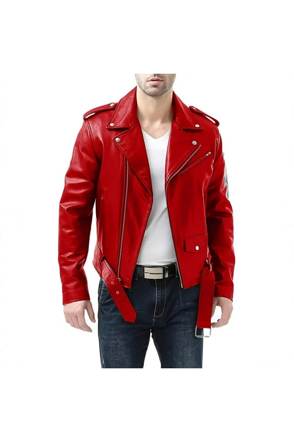 Men's Slim Turn-Down Collar Diagonal-Zip Biker-Style Faux Leather (PU) Jacket Gift