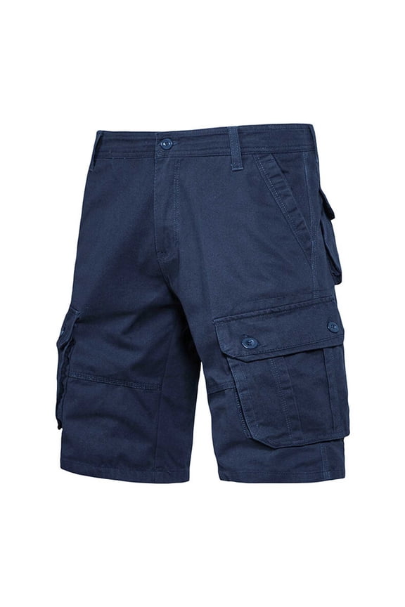 Men's Solid Casual Cargo Shorts Button Zipper Fly Multi Pocket Elastic Waist 5 Inch Bottoms Navy L Gifts for Father