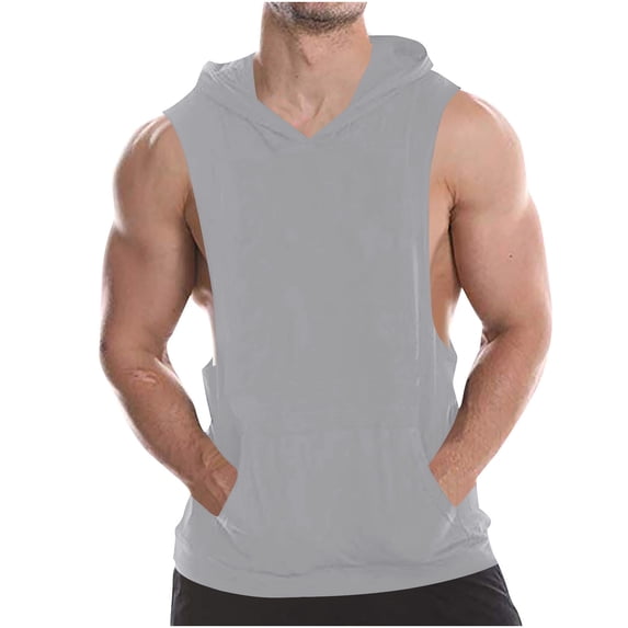 Ceisia Men's Solid Color Cotton Hooded Tank Top, Sleeveless Fitness Hoodie with Kangaroo Pocket for Men Gray XL Gifts