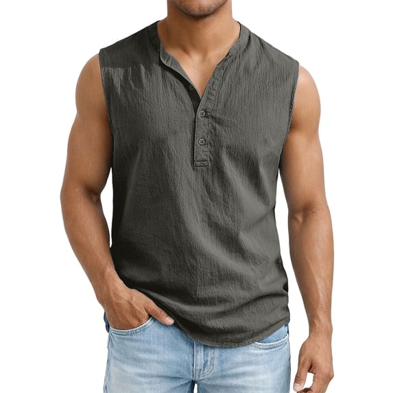 Ceisia Men's Solid Color Cotton-Linen Blend Sleeveless Henley Top with Button Placket Breathable Casual Summer Vest Gray Gifts for Father S