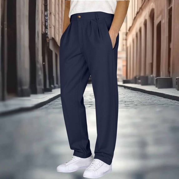 Ceisia Men's Solid Color Cotton-Linen-Like Double Pleated Casual Pants, Loose Straight Leg Trousers for Men Navy L Gifts