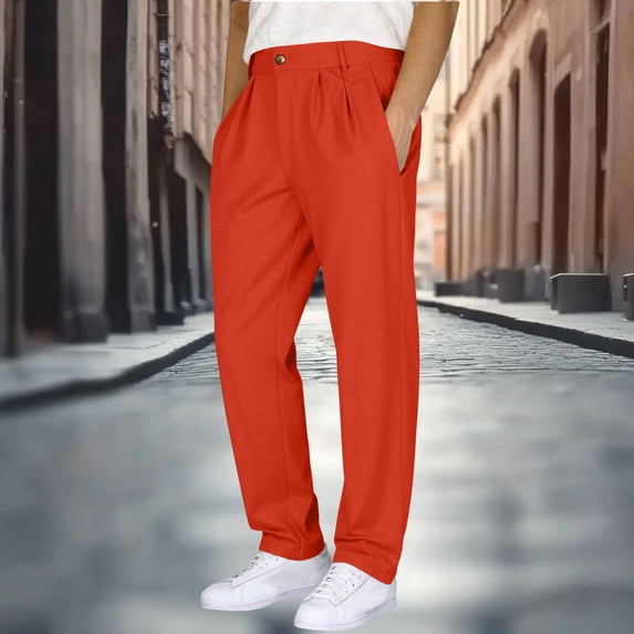 Ceisia Men's Solid Color Cotton-Linen-Like Double Pleated Casual Pants, Loose Straight Leg Trousers for Men Orange L Gifts