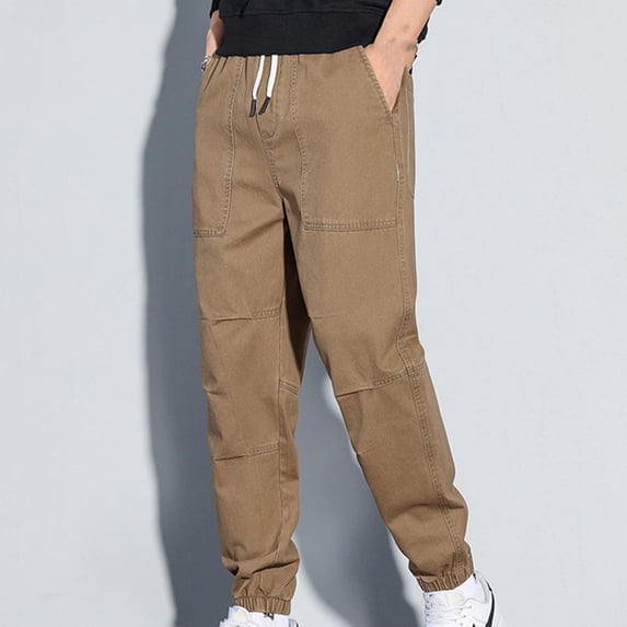 Ceisia Men's Solid Color Cotton Vintage Cargo Pants with Elastic Waist Loose Fit Multi-Pocket Casual Trousers Brown Gifts for Father M