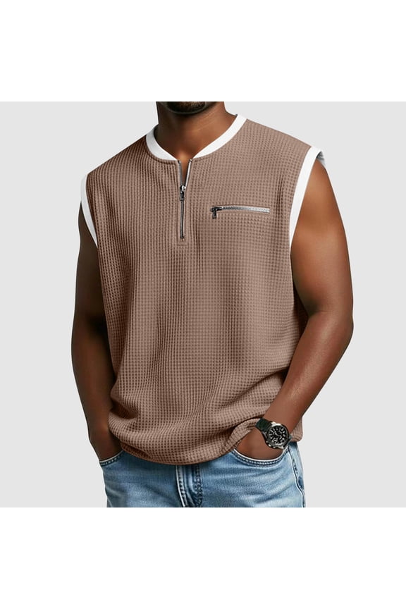 Men's Solid Color Half Zipper Waffle Knit Fake Two-piece Sleeveless Casual Fashion Vest Top Brown XL Gifts