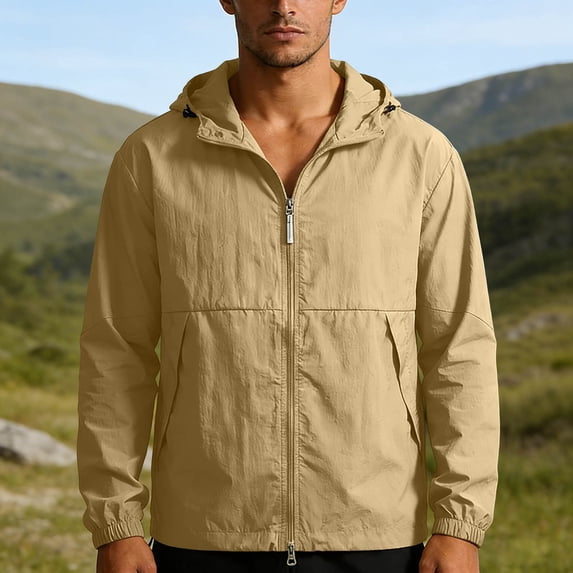 Ceisia Men's Solid Color Hooded Zip Up Ice Silk Thin Lightweight Water Resistant Sun Protection Jacket Top Khaki XXXL Gifts