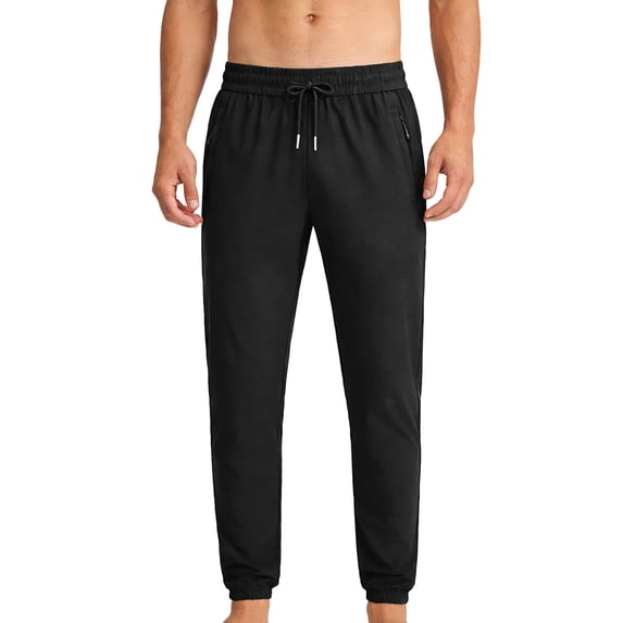 Ceisia Men's Solid Color Ice Silk Casual Sports Pants with Elastic Drawstring Waist Zippered Pockets Tapered Ankle Cuffs Black Gifts for Father 7X