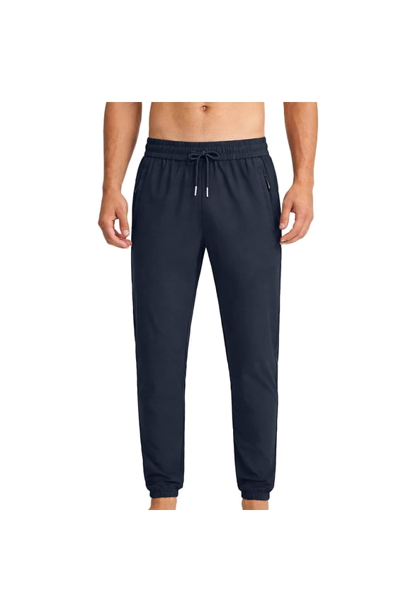 Men's Solid Color Ice Silk Casual Sports Pants with Elastic Drawstring Waist Zippered Pockets Tapered Ankle Cuffs Blue Gifts for Father L