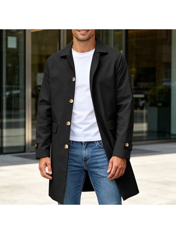 Men's Solid Color Lapel Button Closure Mid Length Trench Coat Windproof Casual Business Overcoat Gift