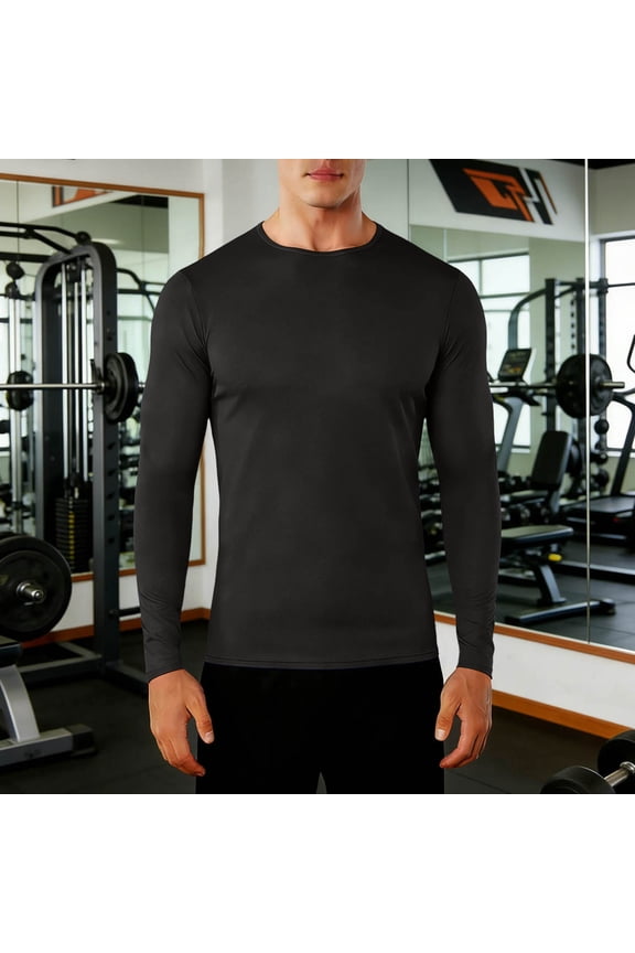 Men's Solid Color Long Sleeve Round Neck Tight Fit Base Layer Top Mesh Breathable Stretchy Fitness Cycling Shirt Black Gifts for Father 2X