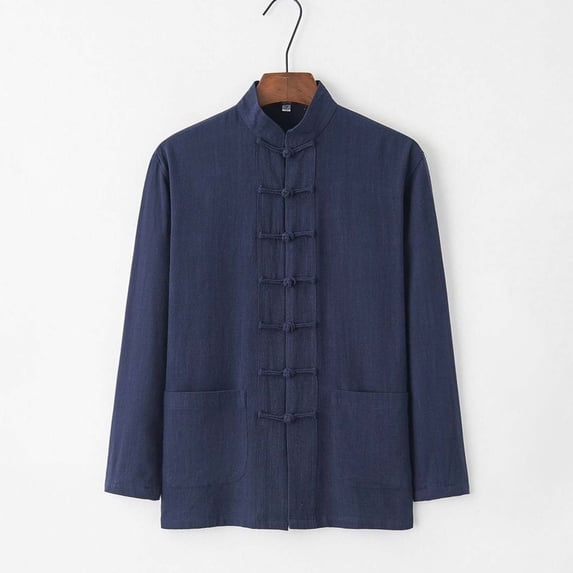 Ceisia Men's Solid Color Long Sleeve Stand Collar Chinese Knot Button Linen Blend Breathable Double Pocket Casual Shirt Navy XXXXL Gifts