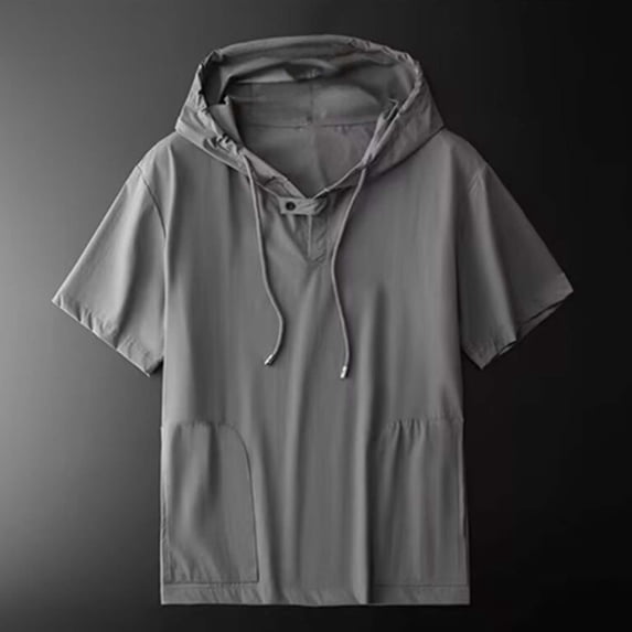 Ceisia Men's Solid Color Short Sleeve V-Neck Hooded T-Shirt with Pocket Button Detail Soft Stretchy Breathable Casual Summer Top Dark Gray XL Gifts