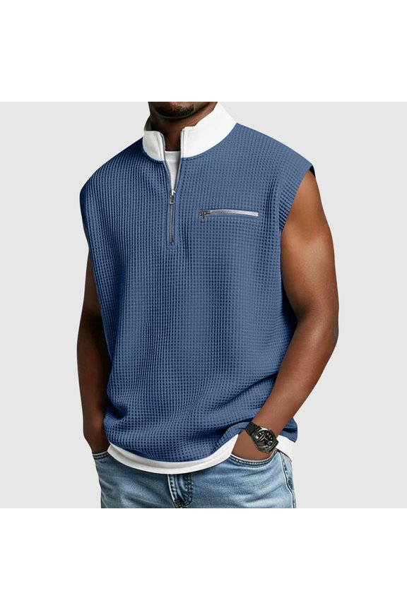 Men's Solid Color Stand Collar Half Zipper Waffle Knit Fake Two-piece Sleeveless Casual Vest Top Navy XXL Gifts