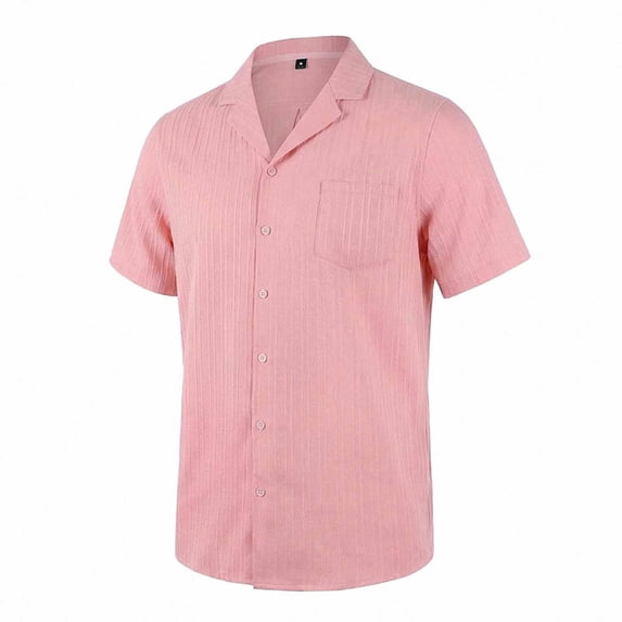 Ceisia Men's Solid Color Textured Short Sleeve Button Down Camp Collar Casual Beach Resort Summer Relaxed Loose Shirt Pink L Gifts for Father