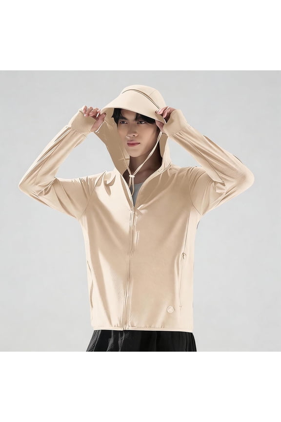 Men's Solid Color Zipper Hooded Ice Silk Sunscreen Jacket UPF50+ Lightweight Breathable Long Sleeve Outdoor Coat with Face Cover and Thumb Holes Beige XXL Gifts