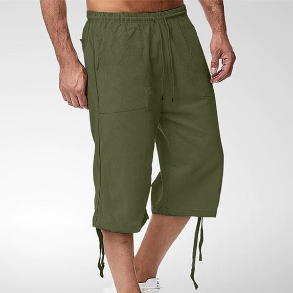 Ceisia Men's Solid Cotton Linen Drawstring Shorts Elastic Waist 7 Inch Inseam Casual Summer Beach Vacation Breathable Bottoms Army Green XXL Gifts for Father