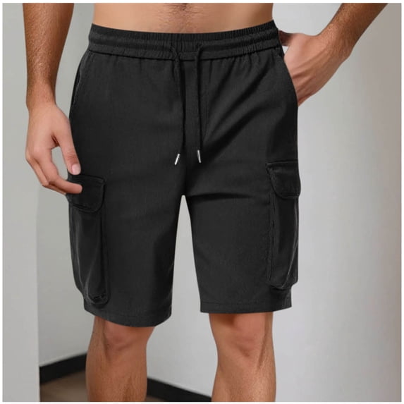Ceisia Men's Solid Drawstring Elastic Waist Multi Pocket Straight Five Quarter Cargo Shorts Work Pants Gifts for Father Black 2X