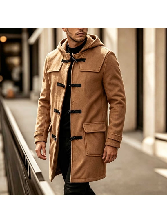 Men's Solid Duffle Coat Hooded Toggle Button Long Wool Blend Overcoat With Side Pockets For Outdoor Wear Gift