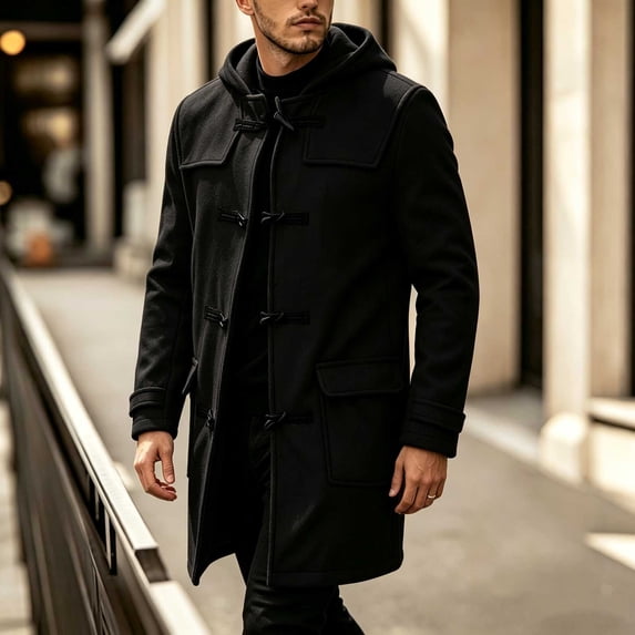 Ceisia Men's Solid Duffle Coat Hooded Toggle Button Long Wool Blend Overcoat With Side Pockets For Outdoor Wear Gift