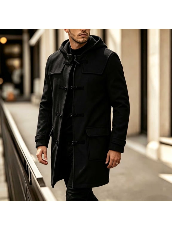 Men's Solid Duffle Coat Hooded Toggle Button Long Wool Blend Overcoat With Side Pockets For Outdoor Wear Gift