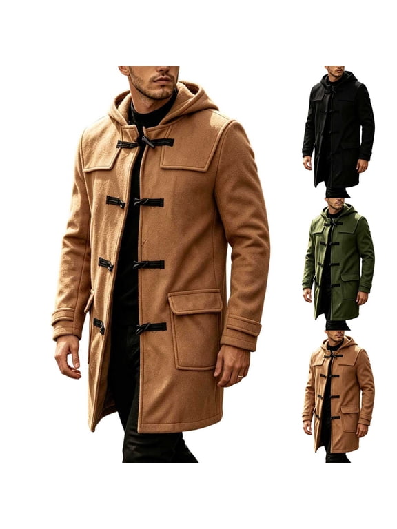 Men's Solid Duffle Coat Hooded Toggle Button Long Wool Blend Overcoat With Side Pockets For Outdoor Wear Gift