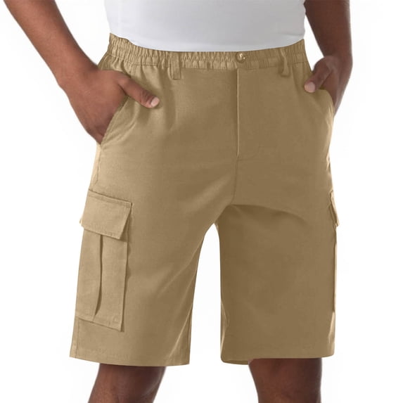 Ceisia Men's Solid Elastic Waist Multi Pocket Button Zipper Cargo Shorts Casual Work Pants Gifts for Father Multicolor L
