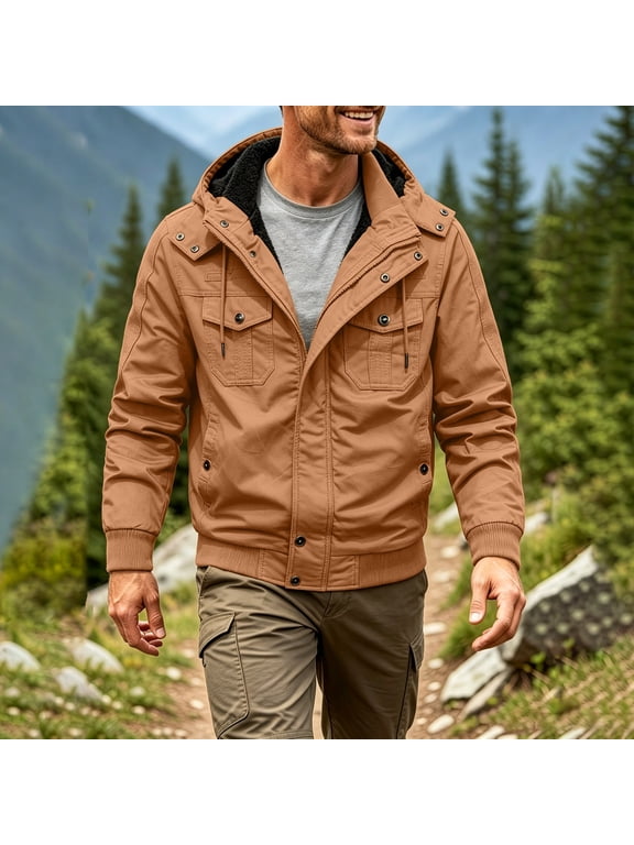 Men's Solid Fleece Lined Cargo Jacket Detachable Hood Zip Up Long Sleeve Windproof Work Outerwear For Men Gift