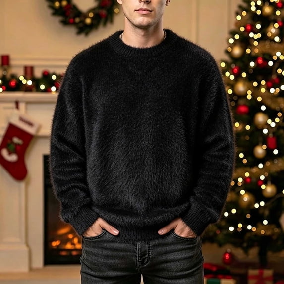 Ceisia Men's Solid Fuzzy Crew Neck Long Sleeve Knit Sweater Casual Warm Winter Pullover Top Gift